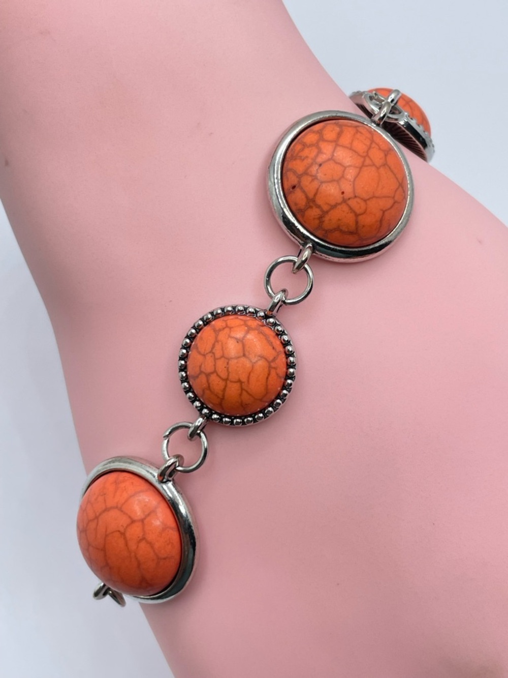 Silver Tone Orange Howlite Link Bracelet Boho Southwestern Statement